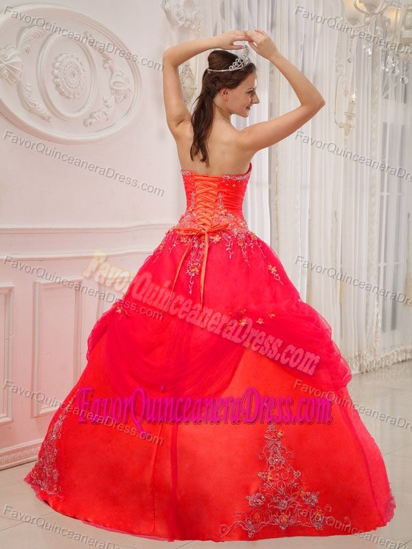 Noble Taffeta and Tulle Red Strapless Quince Dress with Embroidery