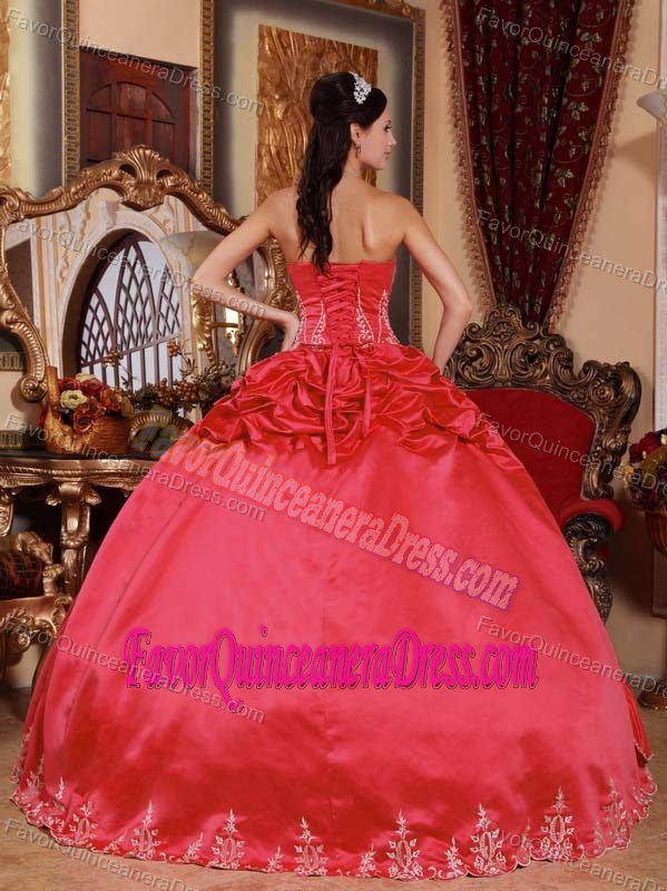 Coral Red Strapless Satin and Taffeta Quince Dresses with Embroidery