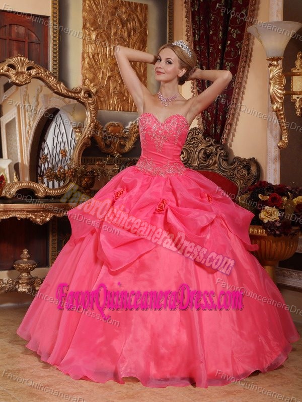 Appliqued Sweetheart Hot Pink Quince Dress in Taffeta and Organza