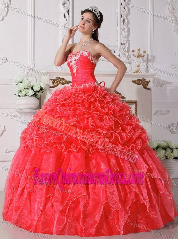 Unique Red Strapless Dress for Quinceanera in Organza with Ruffles