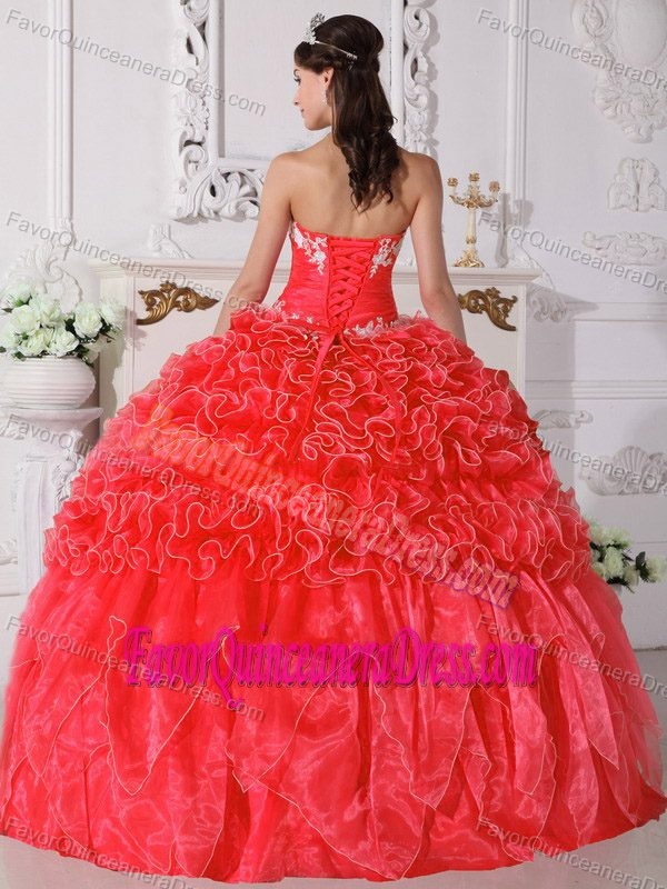 Unique Red Strapless Dress for Quinceanera in Organza with Ruffles