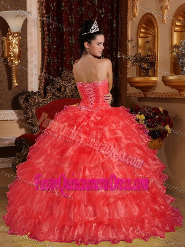 Chic Ruffled and Beading Strapless Red Dress for Quince in Organza