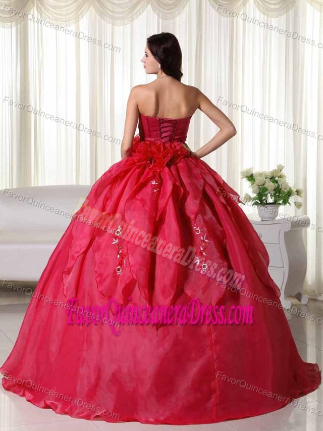 Chic Appliqued Strapless Floor-length Red Quince Dresses in Organza