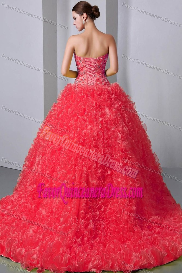 Red Organza Ruffled Sweetheart Quinceanera Dress with Brush Train
