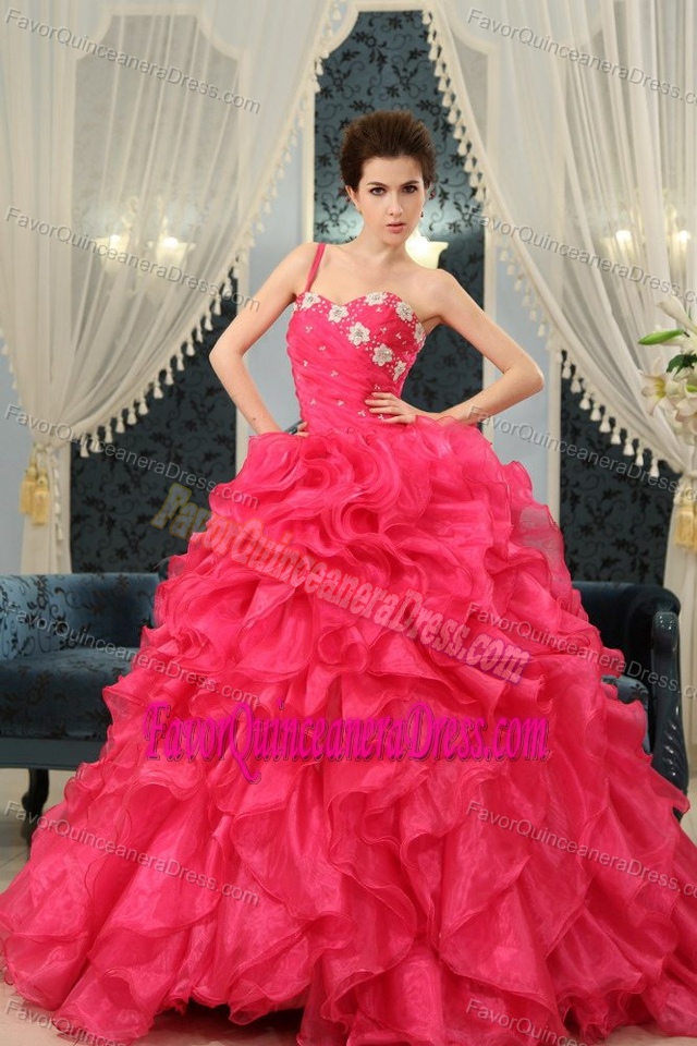 Ruffled One Shoulder Organza Fave Dresses for Quince in Coral Red