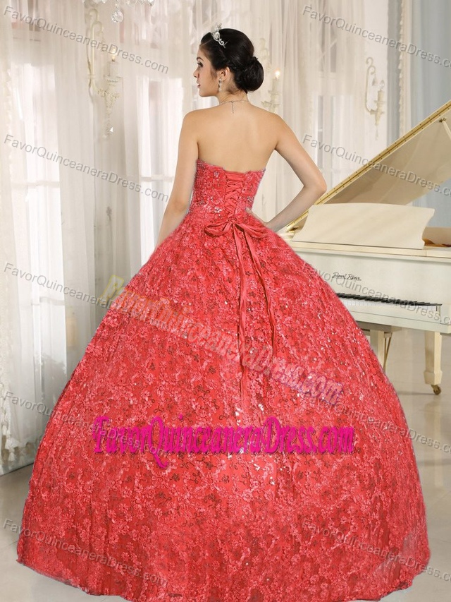 Sequined Tulle Sweetheart Coral Red Quince Dresses with Embroidery