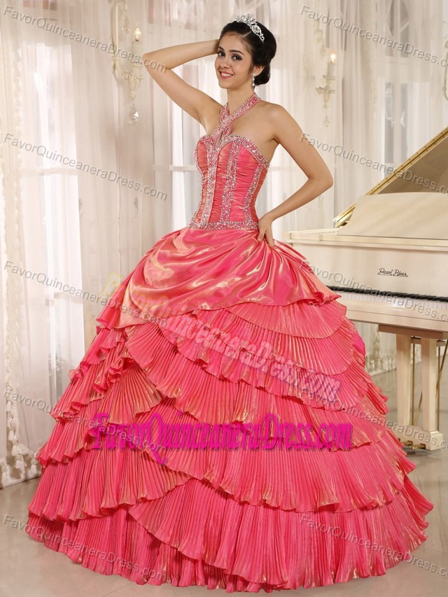 Fitted Pleated Organza Halter Dresses for Quinceanera in Watermelon