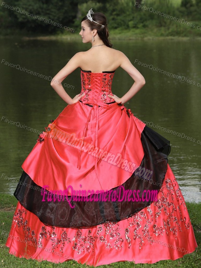Taffeta and Organza Red Strapless Dress for Quince with Embroidery