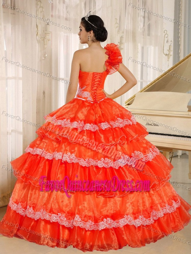 Orange Red Organza One Shoulder Quinceanera Dress with Appliques