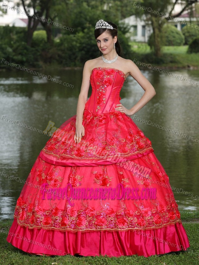 Modest Red Strapless Taffeta Sweet Sixteen Dresses with Embroidery