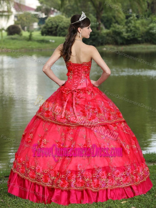 Modest Red Strapless Taffeta Sweet Sixteen Dresses with Embroidery