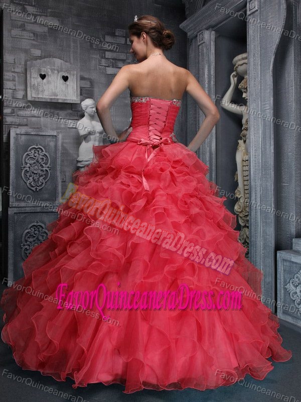 Ruffled Sexy Red Sweetheart Dress for Quince in Taffeta and Organza