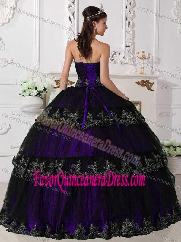 New Purple Ball Gown Strapless Quinceanera Dress with Appliques and Layers