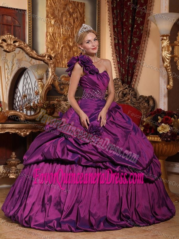 Purple Ball Gown One Shoulder Quinceanera Dress with Hand Made Flowers