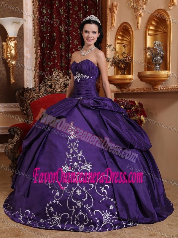 Purple Ball Gown Sweetheart Quinceanera Dress with Embroidery and Ruches