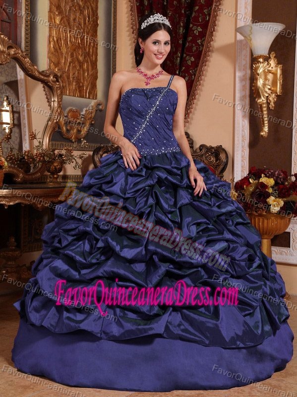 Navy Blue Ball Gown One Shoulder Floor-length Taffeta Pick-ups Quinceanera Dress