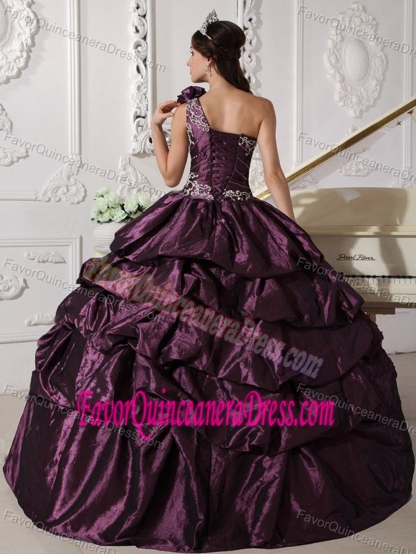 Dark Purple Ball Gown One Shoulder Beaded Quinceanera Dress with Pick-ups