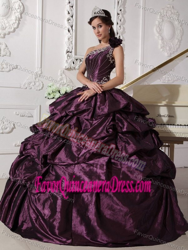 Dark Purple Ball Gown One Shoulder Beaded Quinceanera Dress with Pick-ups