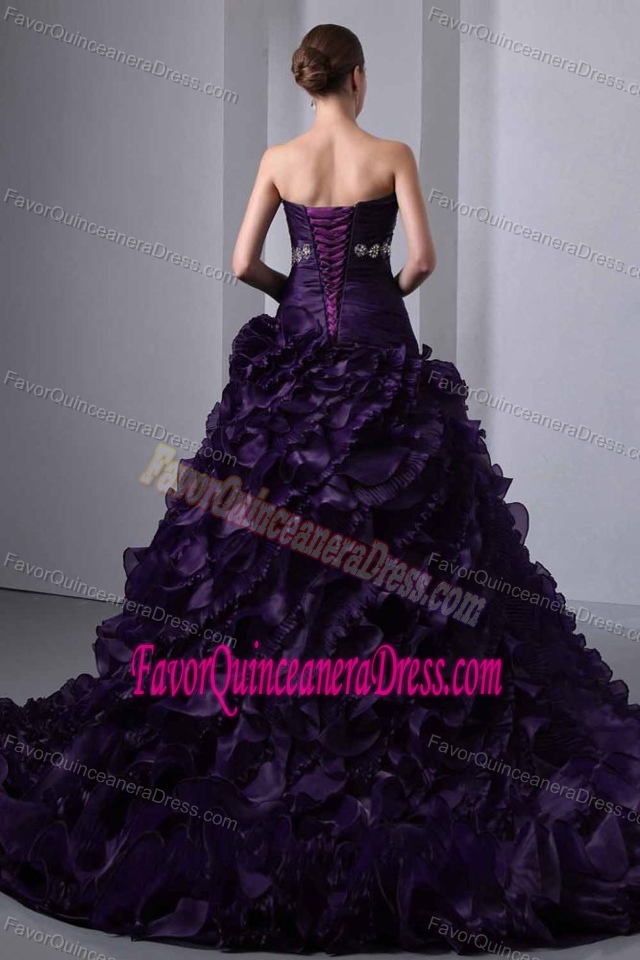 Dark Purple Strapless Ruffled Layers Quinceanera Dress Beaded and Ruched