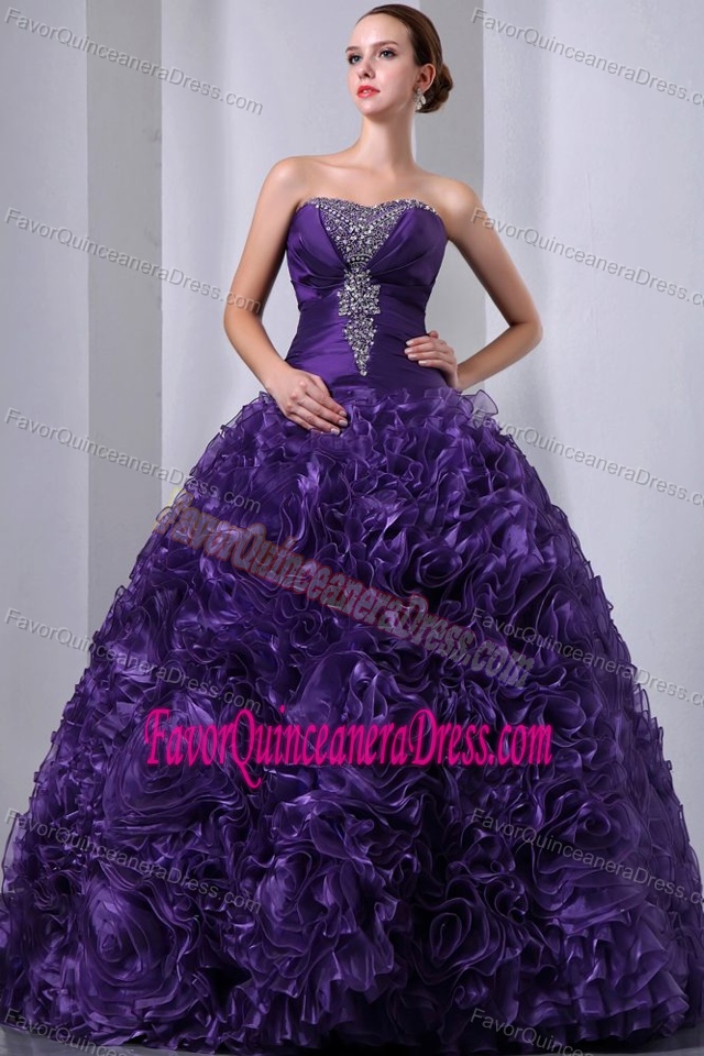 Popular Purple Strapless Beaded Quinceanera Dresses with Rolling Flowers