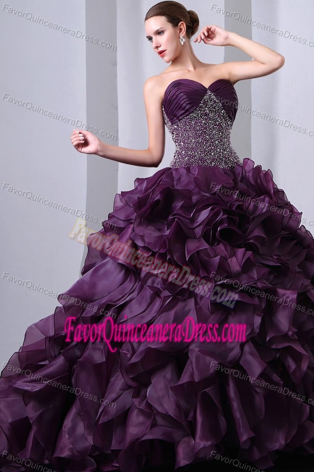 Purple Sweetheart Ruched Quinceanera Dress with Beading and Ruffled Layers