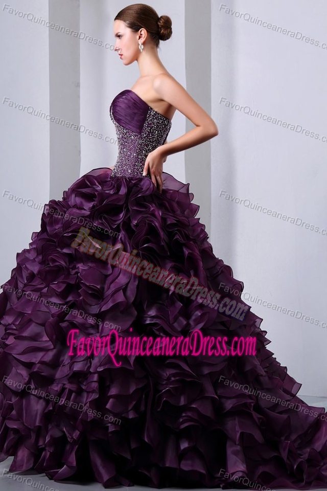 Purple Sweetheart Ruched Quinceanera Dress with Beading and Ruffled Layers