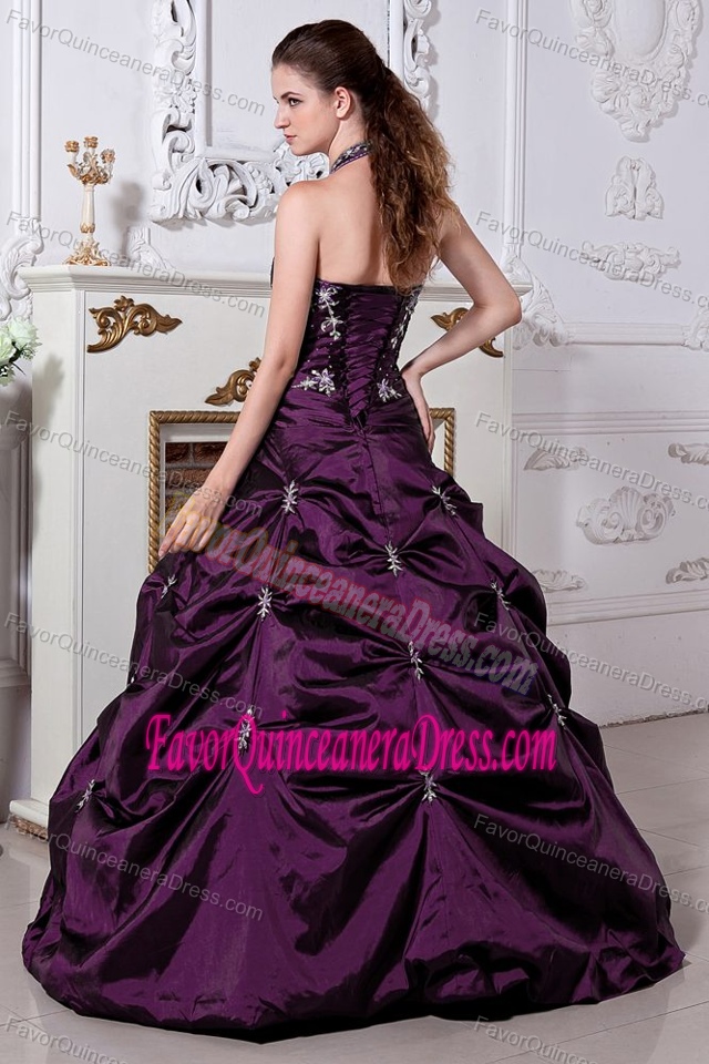 Eggplant Purple Halter Top Quinceanera Dresses with Appliques and Pick-ups