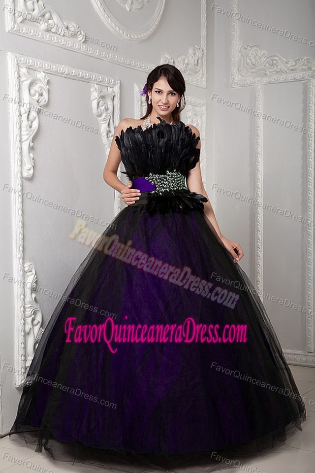 Black and Purple Ball Gown Tulle Beaded Quinceanera Dresses with Feather
