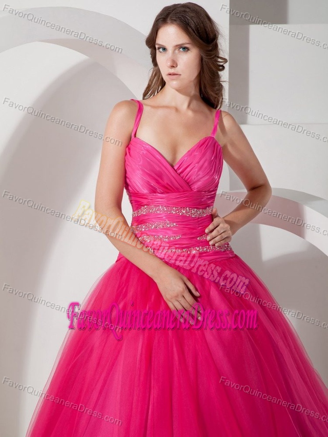 Ornate Tulle Beaded Hot Pink Quinceanera Dresses with Spaghetti Straps