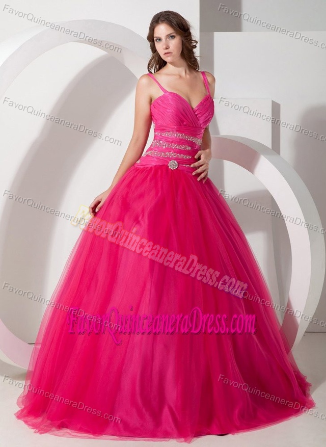 Ornate Tulle Beaded Hot Pink Quinceanera Dresses with Spaghetti Straps