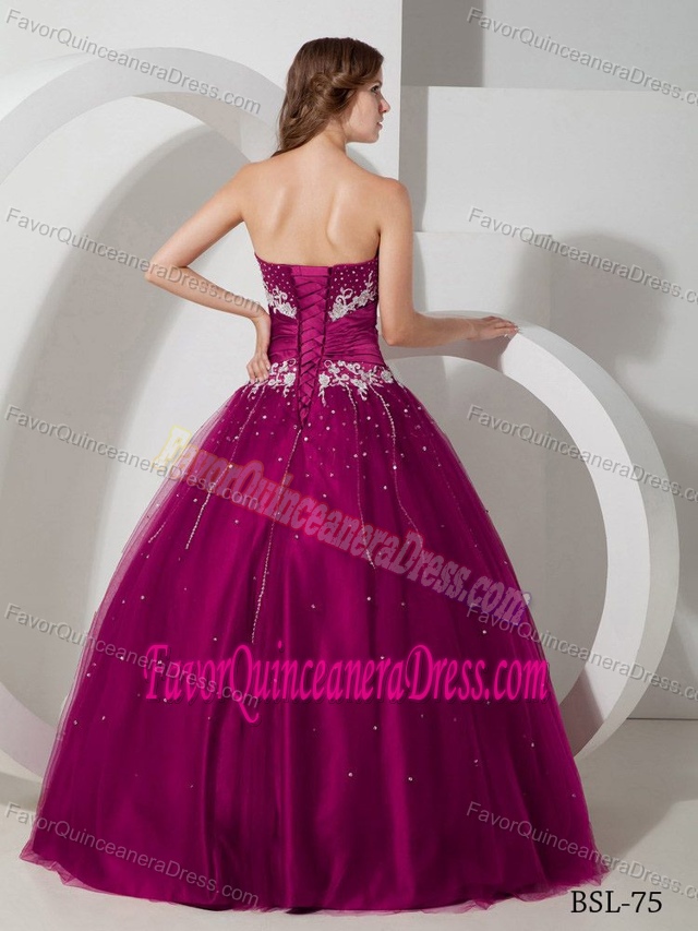 Taffeta and Tulle Appliqued Fuchsia Quinceanera Gowns with Beading