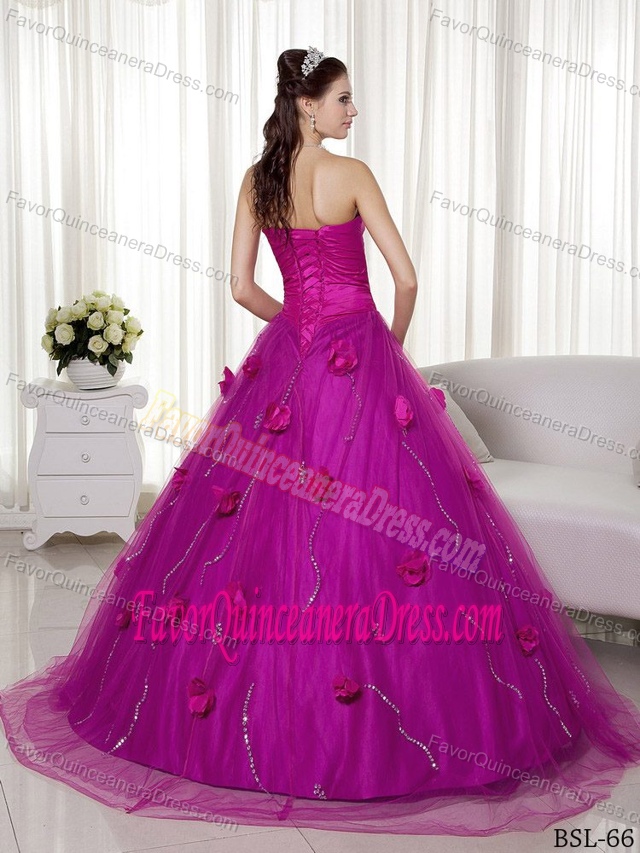 Tulle and Taffeta Hand Flowers Quinceanera Gowns with Brush Train