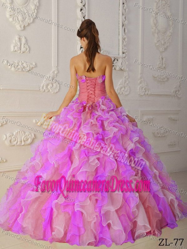 Multi-Colored Organza Hand Flowers Quinceanera Dress with Ruffles