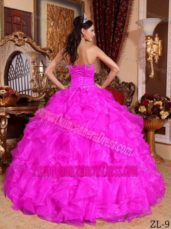 Sweet Organza Beaded Ruffled Quinceanera Gown Dress in Hot Pink