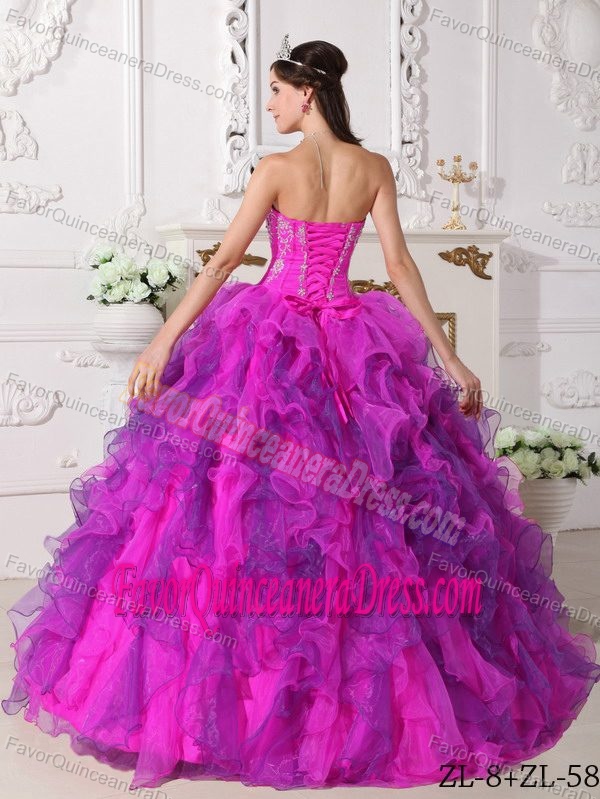 Fuchsia Sweetheart Satin and Organza Quinceanera Dress with Embroidery
