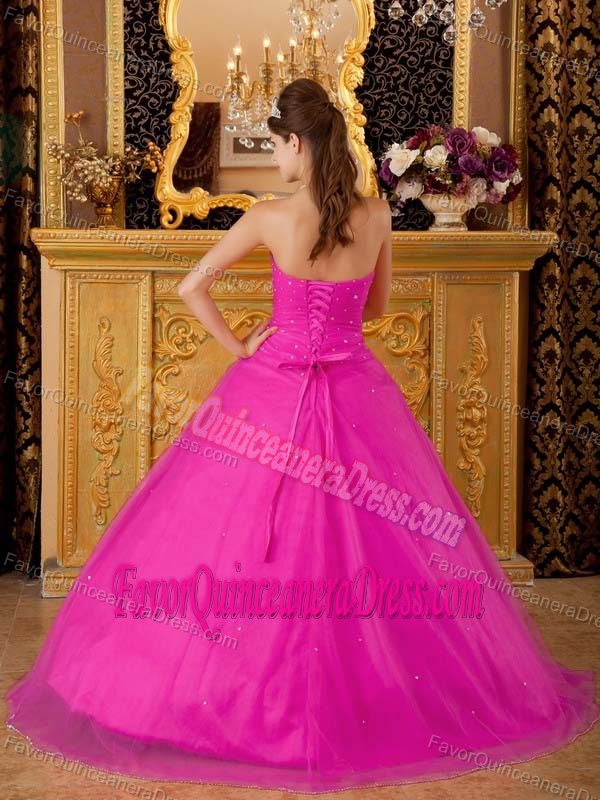 Shimmering Strapless Tulle Hot Pink Quinceanera Dress with Appliques