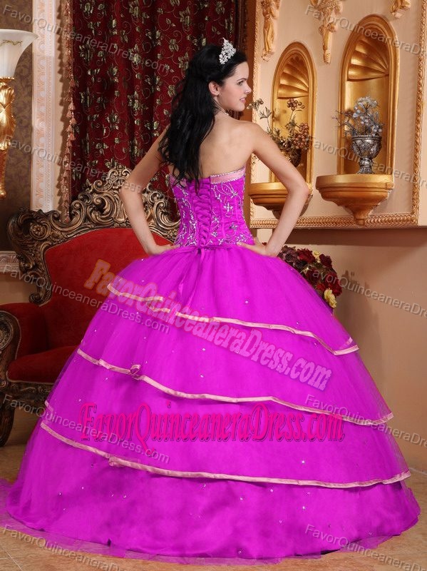Angel Sweetheart Satin and Tulle Beaded Quinceanera Dress in Fuchsia