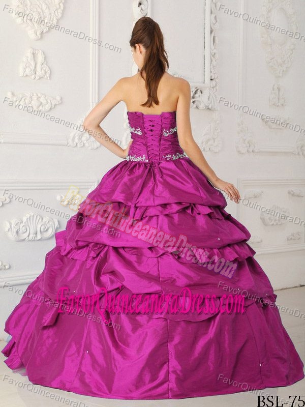 Fuchsia Sweetheart Appliqued Beaded Quince Dress in Taffeta and Tulle