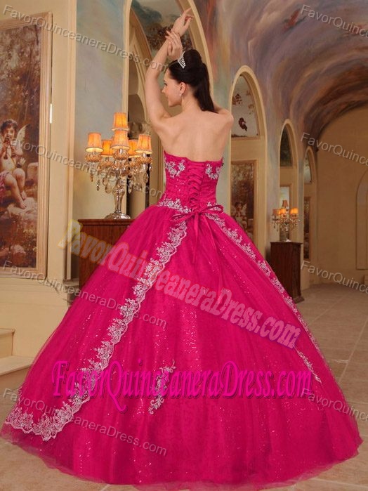 Hot Pink Organza Beaded Quinceanera Gown Dress with Embroidery