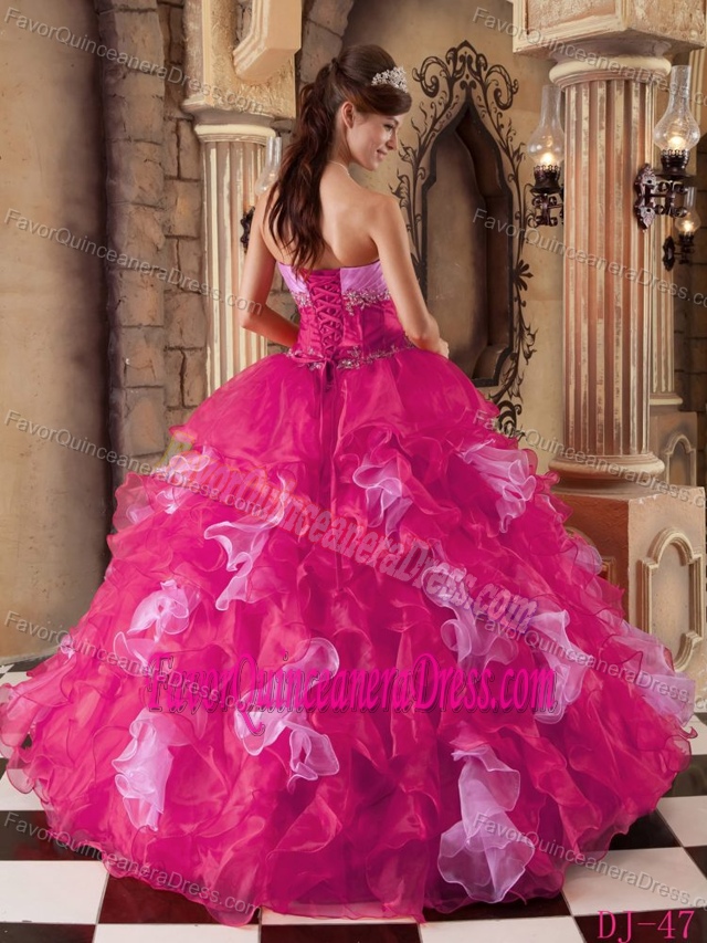 Ornate Strapless Organza Beaded Ruffled Quinceanera Gown in Hot Pink