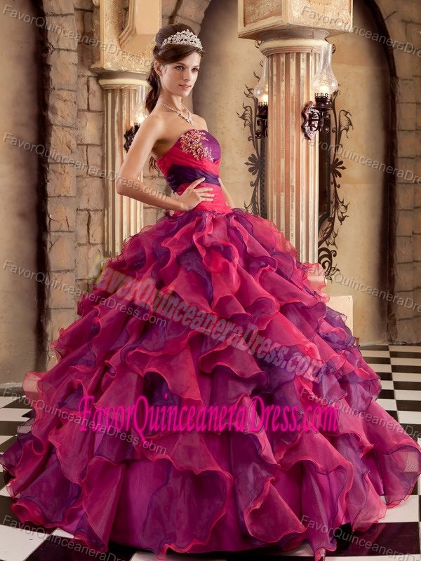 Low Price Multi-colored Strapless Organza Quinceanera Dress with Ruffles