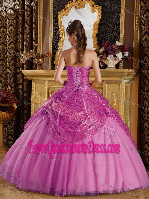 Sweetheart Sequined Tulle Fuchsia Quinceanera Dress with Hand Flowers