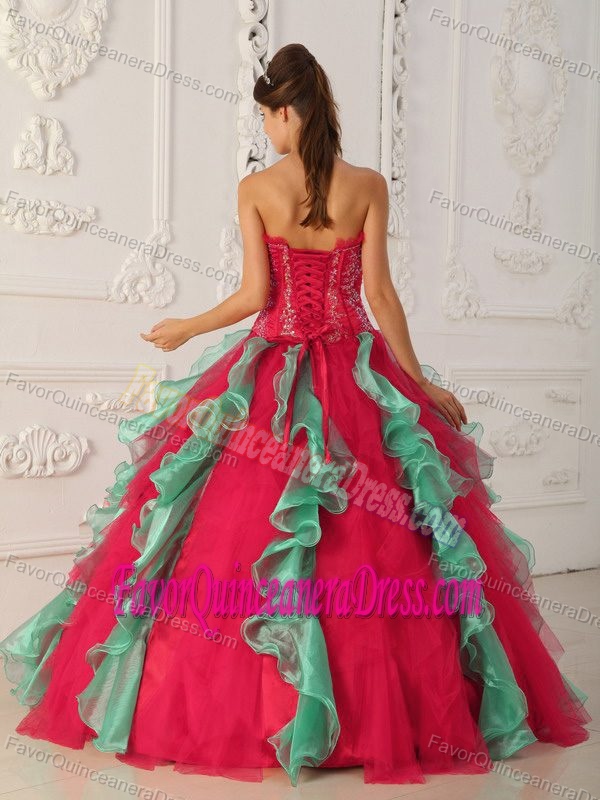 Strapless Appliqued and Beaded Quinceanera Dress in Red and Green