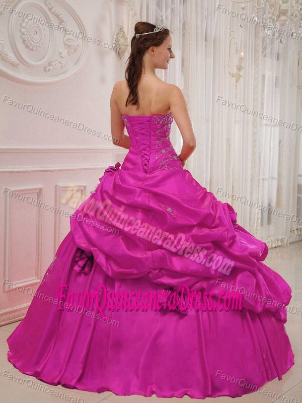 Inexpensive Hot Pink Taffeta Quinceanera Gown Dress with Appliques