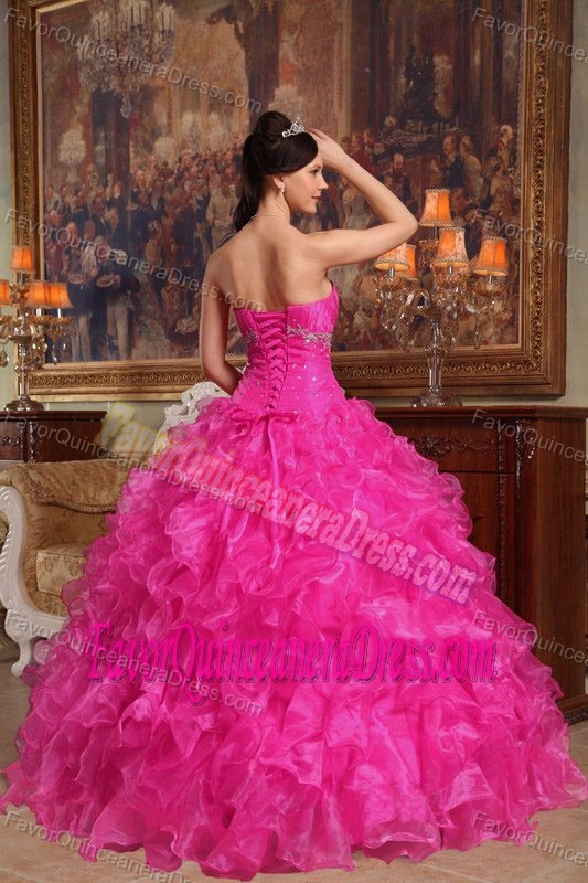 Sweetheart Organza Beaded Hot Pink Quinceanera Dress with Ruffles