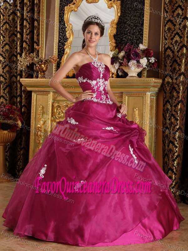 Ornate Fuchsia Appliqued Quinceanera Gown Dresses in Organza and Satin