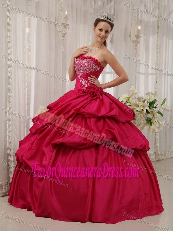 Brand New Coral Red Taffeta Beaded Quinceanera Dress with Pick-ups