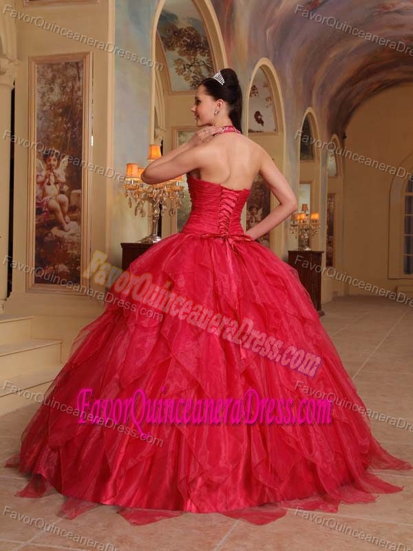 Dramatic Red Halter Organza Dress for Quinceanera with Embroidery