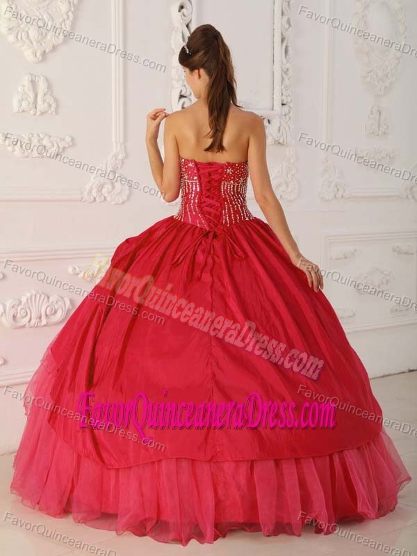 Strapless Organza and Taffeta Beaded Quinceanera Gown Dress in Red