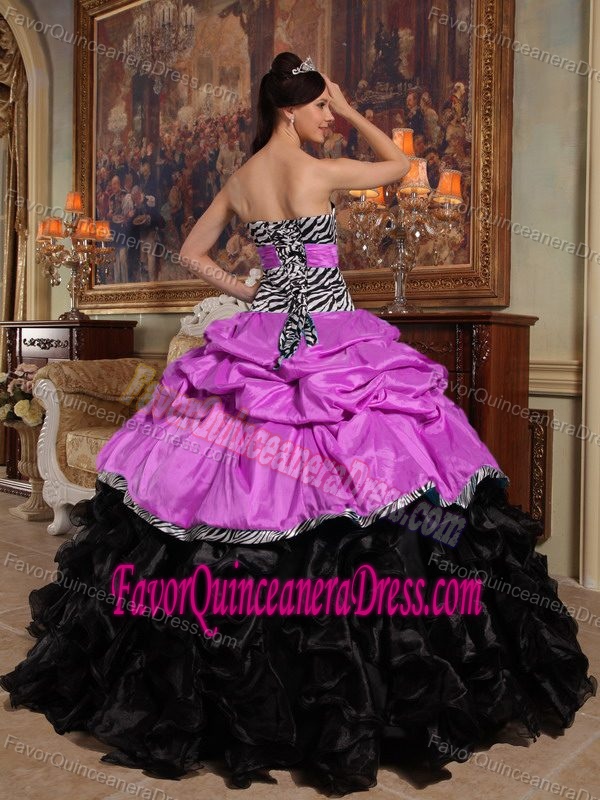 Sassy Pink and Black Taffeta and Organza Quince Dress with Pick-ups